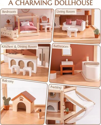 ROBOTIME Wooden Dollhouse, Doll House for Girls – 3-Story Bohemian Style Doll House with 37- Piece Furniture & Awning, Pretend Play Wooden Dollhouse Gift for Kids Ages 3+ in Saudi Arabia