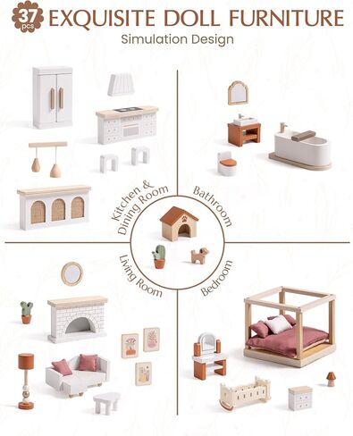 ROBOTIME Wooden Dollhouse, Doll House for Girls – 3-Story Bohemian Style Doll House with 37- Piece Furniture & Awning, Pretend Play Wooden Dollhouse Gift for Kids Ages 3+ in Saudi Arabia