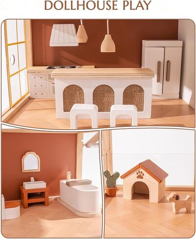 ROBOTIME Wooden Dollhouse, Doll House for Girls – 3-Story Bohemian Style Doll House with 37- Piece Furniture & Awning, Pretend Play Wooden Dollhouse Gift for Kids Ages 3+ in Saudi Arabia