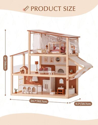 ROBOTIME Wooden Dollhouse, Doll House for Girls – 3-Story Bohemian Style Doll House with 37- Piece Furniture & Awning, Pretend Play Wooden Dollhouse Gift for Kids Ages 3+ in Saudi Arabia
