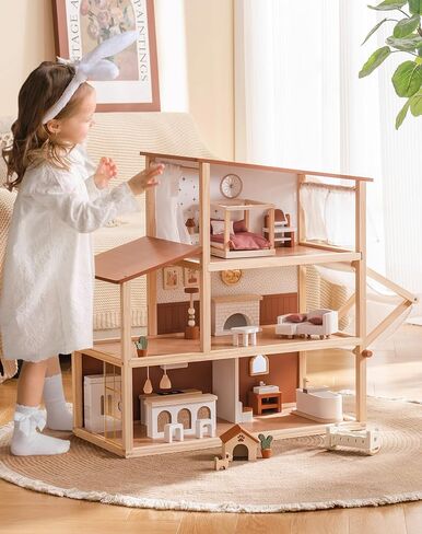 ROBOTIME Wooden Dollhouse, Doll House for Girls – 3-Story Bohemian Style Doll House with 37- Piece Furniture & Awning, Pretend Play Wooden Dollhouse Gift for Kids Ages 3+ in Saudi Arabia