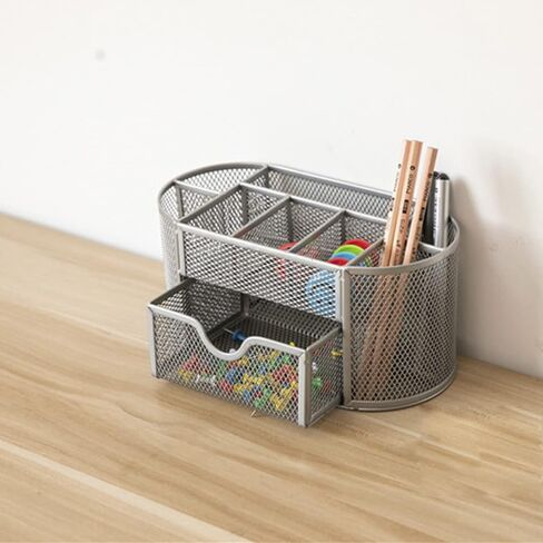 Desk Organizer Mesh Desktop Office Supplies Multi-functional Caddy Pen Holder Stationery with 8 Compartments and 1 Drawer for Office, Home, School, Classroom (Black) in Saudi Arabia