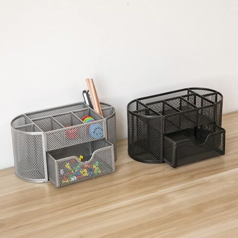 Desk Organizer Mesh Desktop Office Supplies Multi-functional Caddy Pen Holder Stationery with 8 Compartments and 1 Drawer for Office, Home, School, Classroom (Black) in Saudi Arabia