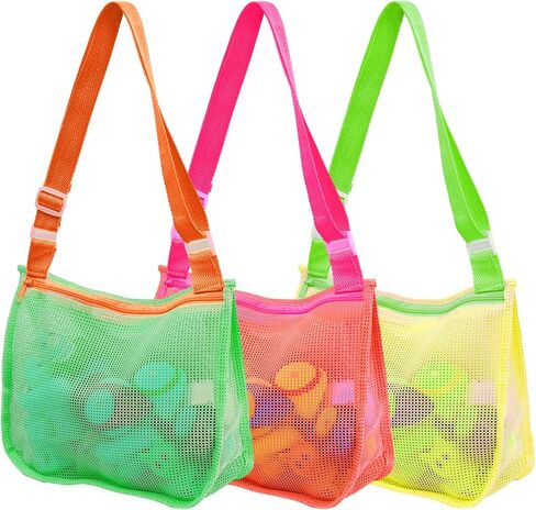 AMOR PRESENT 3 قطع من أكياس جمع الصدف، حقائب شاطئ شبكية، أكياس صدف ملونة، حزام قابل للتعديل لحمل ألعاب الرمل على شكل صدفة البحر in Kuwait