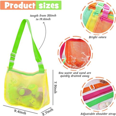 AMOR PRESENT 3 قطع من أكياس جمع الصدف، حقائب شاطئ شبكية، أكياس صدف ملونة، حزام قابل للتعديل لحمل ألعاب الرمل على شكل صدفة البحر in Kuwait