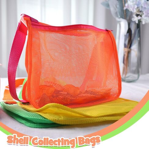 AMOR PRESENT 3 قطع من أكياس جمع الصدف، حقائب شاطئ شبكية، أكياس صدف ملونة، حزام قابل للتعديل لحمل ألعاب الرمل على شكل صدفة البحر in Kuwait