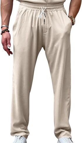 Mens Casual Pants Drawstring Elastic Waist Loose Fit Summer Beach Jogger Pants in Saudi Arabia