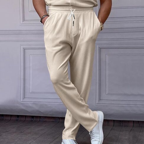 Mens Casual Pants Drawstring Elastic Waist Loose Fit Summer Beach Jogger Pants in Saudi Arabia