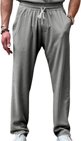 Mens Casual Pants Drawstring Elastic Waist Loose Fit Summer Beach Jogger Pants in Saudi Arabia