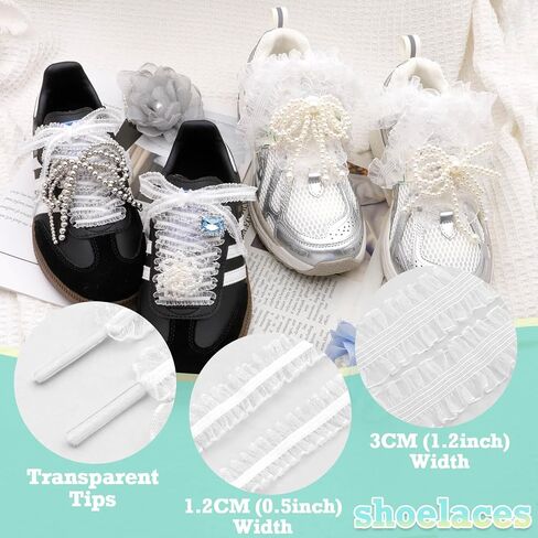 Flat Tulle Shoe Laces: 2 Pairs 3CM/1.2CM Wide Elastic Sheer Shoelaces for Women in Saudi Arabia