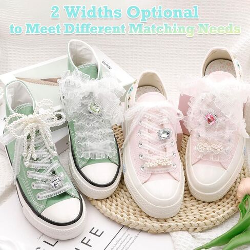 Flat Tulle Shoe Laces: 2 Pairs 3CM/1.2CM Wide Elastic Sheer Shoelaces for Women in Saudi Arabia
