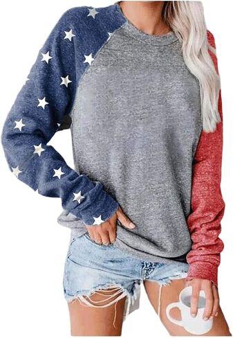 Womens Long Sleeve Shirt Baseball Shirt Mom Shirt American Flag Shirt Star Sweatshirt in Kuwait