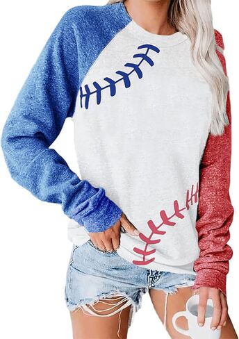 Womens Long Sleeve Shirt Baseball Shirt Mom Shirt American Flag Shirt Star Sweatshirt in Kuwait