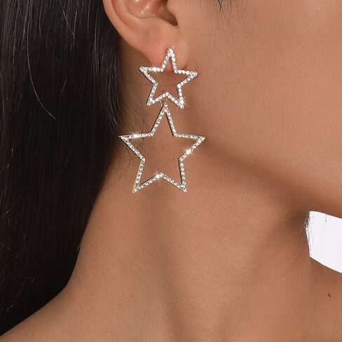 Star Earrings Dangle, Star Earrings for Women, Sparkly Rhinestone Star Hoop Earrings, Double Star Drop Earrings Dangle Jewelry for Women, Girls in Kuwait