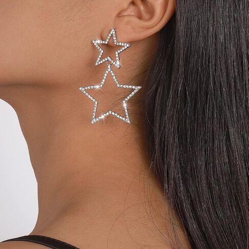 Star Earrings Dangle, Star Earrings for Women, Sparkly Rhinestone Star Hoop Earrings, Double Star Drop Earrings Dangle Jewelry for Women, Girls in Kuwait