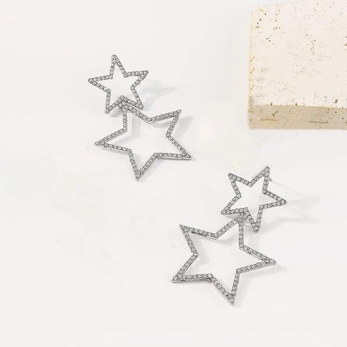 Star Earrings Dangle, Star Earrings for Women, Sparkly Rhinestone Star Hoop Earrings, Double Star Drop Earrings Dangle Jewelry for Women, Girls in Kuwait