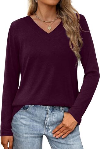 WIHOLL Women Long Sleeve T Shirts Casual V Neck Tunic Tops Fall Fashion 2024 Basic Outfits Trendy Shirts in Saudi Arabia