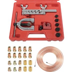 Brake Line Kit,Car Accessories 25ft 3/16 Copper Coated Brake Line Kit+Double&Single Flaring Tool Kit,with 16 Fittings and 4 Unions Brake Line Fittings,Fits Fuel Systems (Silver-3/16)