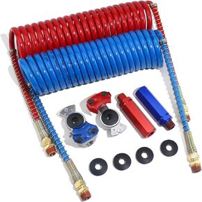 15Ft Coiled Air Brake Hoses Assembly for Semi Truck, Coiled Air Brake Lines with 12'' Tractor Lead & 12'' Trailer Lead, Red & Blue Coil Air Lines Set for Semi Trucks Tractors Trailers
