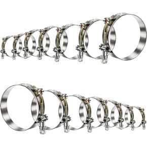 WYSIWYKA 14 Pcs 7 Sizes T-Bolt Hose Clamps, 304 Stainless Steel Turbo Intake Intercooler Clamp,Working Range 32-91mm for 1-3" Hose ID, Radiator Hose Clamps Assortment Set