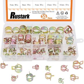 Rustark 55Pcs Spring Band Type Action Fuel Line Silicone Vacuum Hose Pipe Clamp Low Pressure Air Clip Clamps Fasteners Assortment Kit (5 x 7mm 8mm 9mm 10mm 11mm 12mm 13mm 14mm 15mm 16mm 17mm)