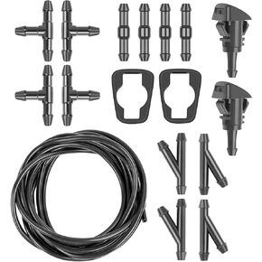 Windshield Washer Hose Kit, 5M Hose +12 Connectors +2 Fan Nozzles+ 2 Rubber Gaskets, Fluid Hose Connector Rubber Gasket, Windshield Washer Nozzle Suitable (Black)