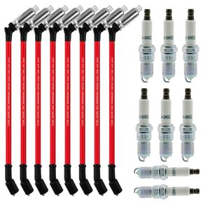 Spark Plugs and Wires for Chevy 5.3, Spark Plug 41-962 * 8 + Spark Plug Wires *8 9748HH 10.5mm (red) Fit for Chevrolet Silverado GMC Sierra Hummer H2 Cadillac Escalade LS2 LS3 LS4 LS7 Engines……