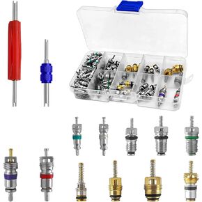 102PCS A/C R12 R134a Car Air Conditioner Valve Core Seal Kit, Refrigeration Tire Valve Stem Cores Repair Kit Double Head Dual Dismantling Installer Tool