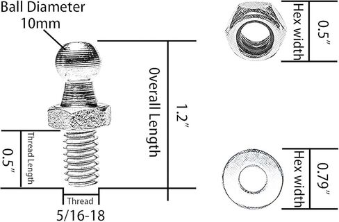 مسامير كروية 10 مم من Monrand مع الأجهزة، ومسامير تثبيت كروية، ومسامير كروية مستديرة معدنية لدعم رفع الغاز، 5/16-18 خيط × 1/2 بوصة، ساق طويلة، 4 عبوات in Kuwait