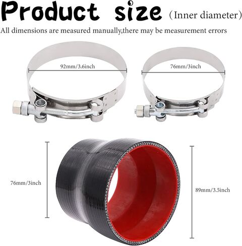 3 بوصة إلى 3-1/2 بوصة أسود سيليكون مخفض مقرنة 4 طبقات من تعزيز البوليستر متوافق مع أنابيب الهواء المبرد الداخلي وتطبيقات توربو 2x T-Bolt Clamps (92mm، 100mm) in Kuwait