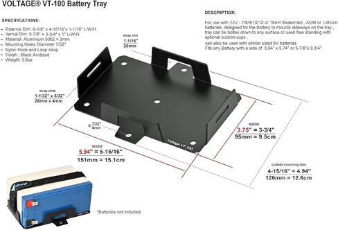 Small Battery Tray for 12V 15AH, 12V 12AH,12V 9AH, 12V 8AH, 12V 7AH,12V 6AH, 6V 7AH, 6V 12AH, YTX7B-BS, YTX9-BS, YTX14BS Batteries and More. Battery Mount with Hold Down Strap VT-100 in Kuwait