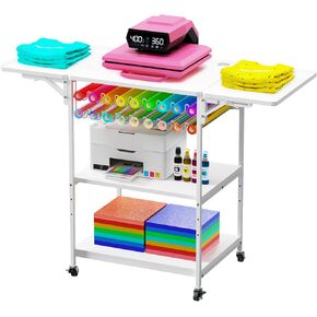 EasyCom 19.7"x46.5" Heat Press Table with 18 Vinyl Roll Holders, Adjustable Height 3 Tier Heat Transfer Machine Stand with Wheels, Foldable Crafting Table for DIY Sublimation Transfer Machine