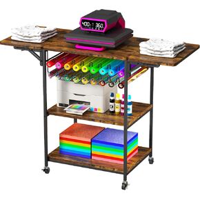 EasyCom 19.7"x46.5" Heat Press Table with 18 Vinyl Roll Holders, Adjustable Height 3 Tier Heat Transfer Machine Stand with Wheels, Foldable Crafting Table for DIY Sublimation Transfer Machine
