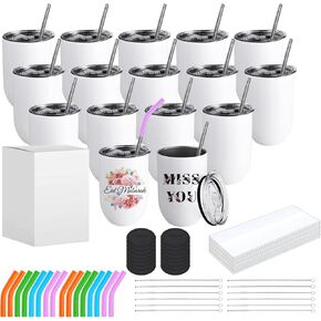 ColorSub Sublimation Straight Wine Tumblers 12oz, 16 Pack Stainless Steel Double Wall Sublimation Blanks Wine Cups with Lids & Straws, Brush, Shrink Wrap, Silicone Straw Tips, Gift Box
