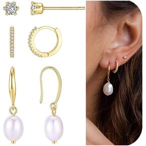 SONNYX 3-4 Pairs Dainty Gold Earrings Set for Women Sensitive Ears -Hypoallergenic 14K Gold Earring Sets for Multiple Piercing- Dangle Huggie Hoop Cartilage Stud Earrings Stacks