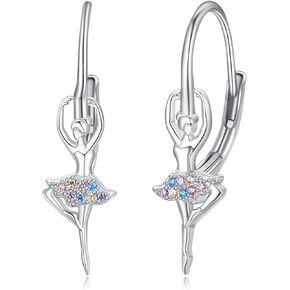 Ballet Hoop Earrings for Women,925 Sterling Silver Leverback Hypoallergenic With Ballerina Crystals Good luck,Birthday Anniversary Jewelry Gifts for Wife Mom Grandma Daughter Teenager