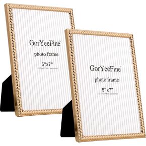5x7'' Gold Rope Design Matal Picture Frames 2 Pack with Hi Quality Velvet Backing and Real Glass Front, Gold Photo Frame 7x5'' for Desktop Display Or Wall Hanging