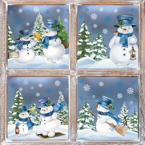 9 Sheets Winter Christmas Window Cling Stickers Watercolor Blue Snowman Reusable Window Decals for Xmas Party Home Office Classroom Decoration