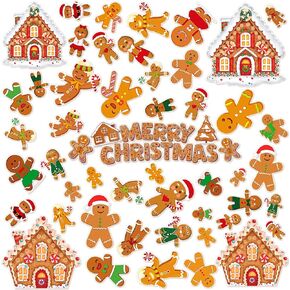 56 Pcs Christmas Thick Gel Clings Gingerbread Man Candy House Window Gel Decals Christmas Window Clings Stickers for Adults Home Nursery Christmas Party Decoration Supplies Gift