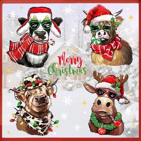 Mfault Merry Christmas Farm Animals Window Clings 4 Sheets, Xmas Highland Cow Farmhouse Decorations, Funny Cowboy Rustic New Year 2025 Party Home Kitchen Decor Holiday Gift