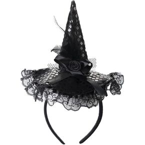 Dzrige Halloween Witch Hat Headband Witch Feather Headwear with Lace Trim Witch Hat Headpiece Accessories for Halloween Party Cosplay (Black)