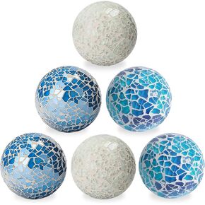 3 in Decorative Orbs Glass Balls Set of 6,Mosaic Sphere Globe for Whole Housewares,Wedding/Birthday,Bowls,Vases Dining Table Centerpieces (White,Bright Blue,Ocean Blue)