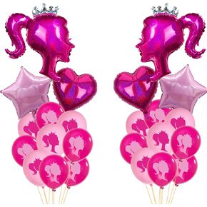 30pcs Hot Pink Princess Doll Foil Balloon Pink Heart Star Balloons Girl Head Latex Globos Kit For Princess Party Decorations Makeup Bachelorette Photo Backdrop Little Girl Adult Birthday Supply