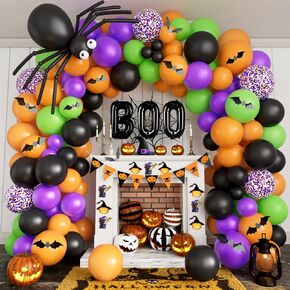Halloween Balloons Garland Arch Kit DIY Halloween Party Supplies with BOO Foil Balloon Spider Balloon Black Orange Purple Fruit Green Confetti Balloon for Halloween Day Party Decorations