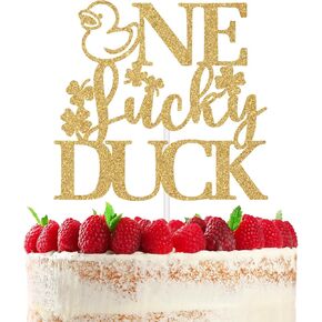 One Lucky Duck Cake Topper, 1st Birthday Decorations, Wild One/Hello One Cake Decor, Duck Theme Funny 1st Birthday Party/Baby Shower Party Decoration Supplies for Newborn Girls Boys, Gold Glitter
