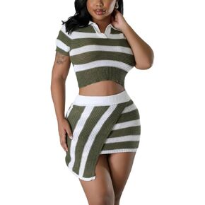 Women's 2 Piece Skirt Outfits Sexy Knitted Crop Top Mini Dress Sets Summer Crochet Night Out Y2k Clubwear