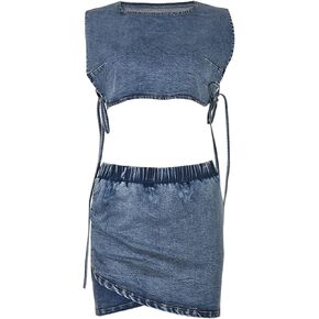 Women Two Piece Skirt Set Cute Jean Crop Top Boyfriend Denim Dress Summer Outfits Sets