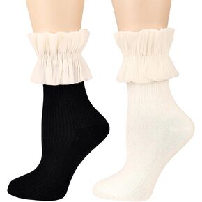 Womens Cute Crew Socks Satin Bow Ruffle Frilly Cotton Elegant Princess Lace Ankle Dress Socks 2 Pack