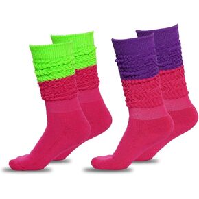 2 Pairs Women's Slouch Socks Neon 80s 90s Scrunch Socks Extra Long Knitted Stacked Socks Knee High Socks