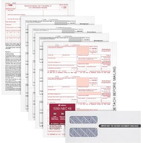 Adams 1099 NEC Forms 2024, 3 Part Laser 1099 Forms with Self Seal 1099 Envelopes, for 50 Recipients, Includes 6 1096 Tax Forms (1009314)